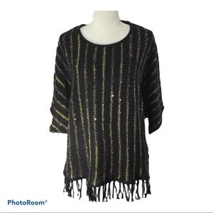 Black and Gold Metallic Fringe Poncho Top